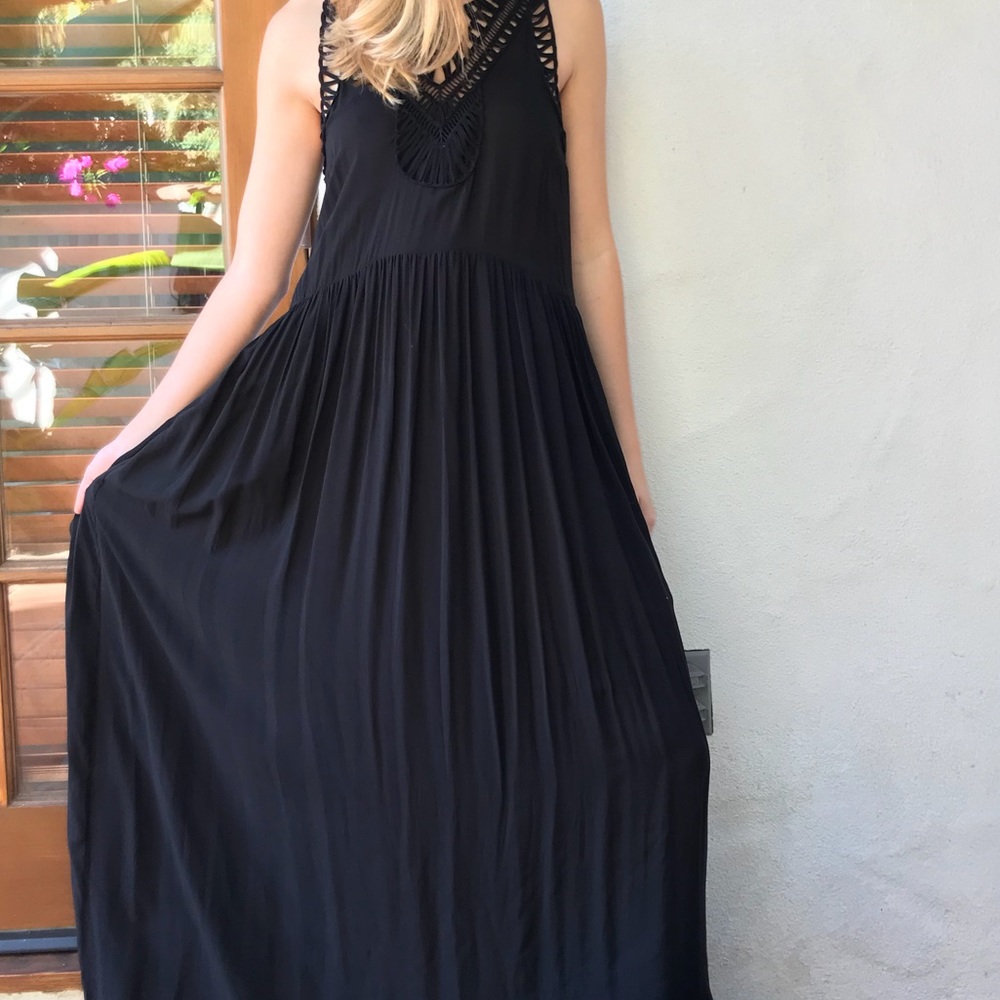 NWT Anthropologie Black Maxi Dress Braided Macramé/Style Neckline with Pockets